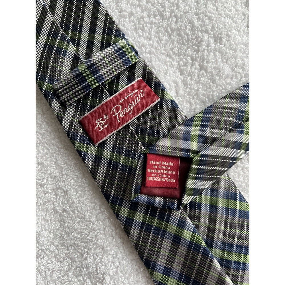 Penguin Green Check Plaid Woven Jacquard Hand Made Skinny 100% Silk Tie Necktie